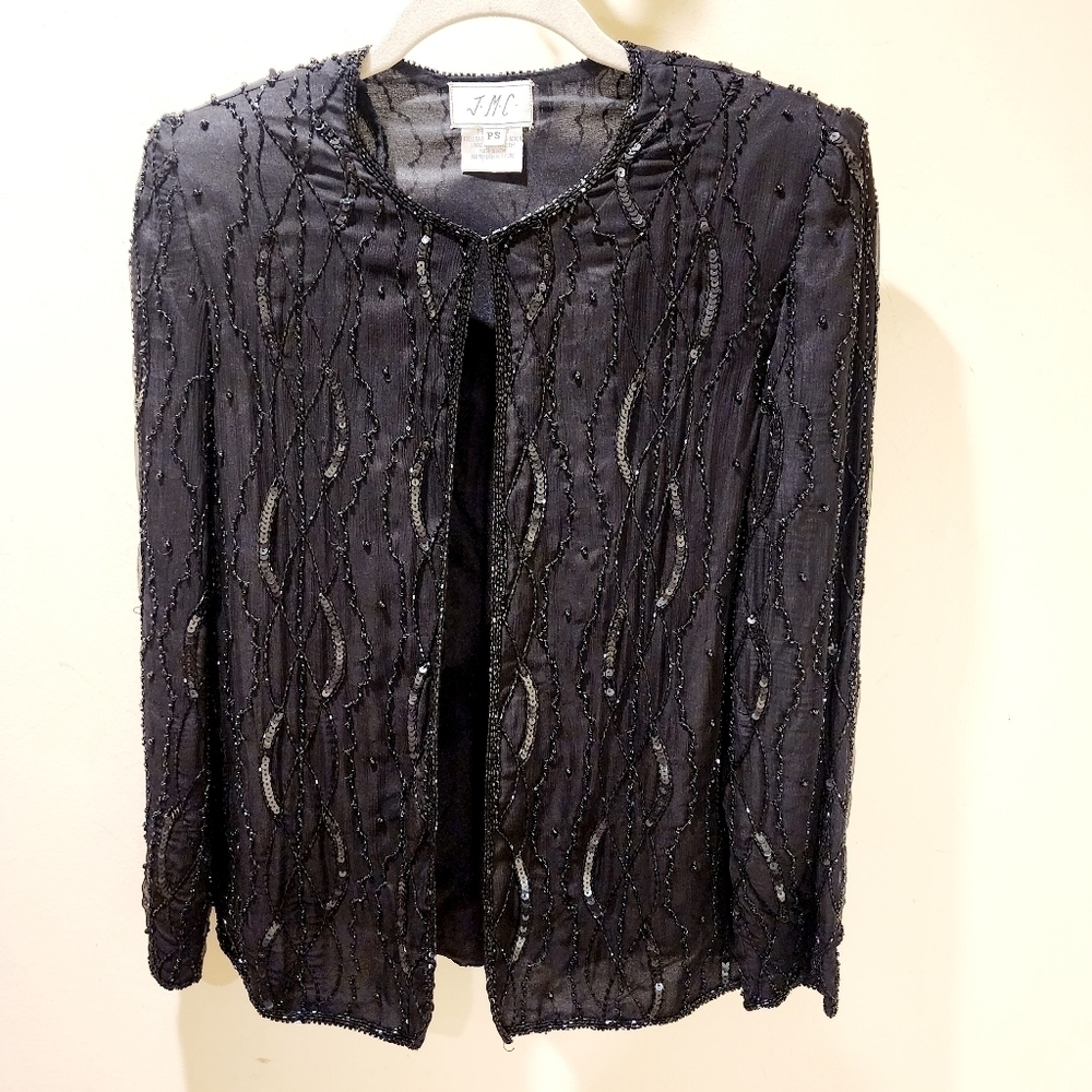 J.M.C Women's Vintage Black Sequins Beaded Long Sleeves Silk Evening Cardigan PS